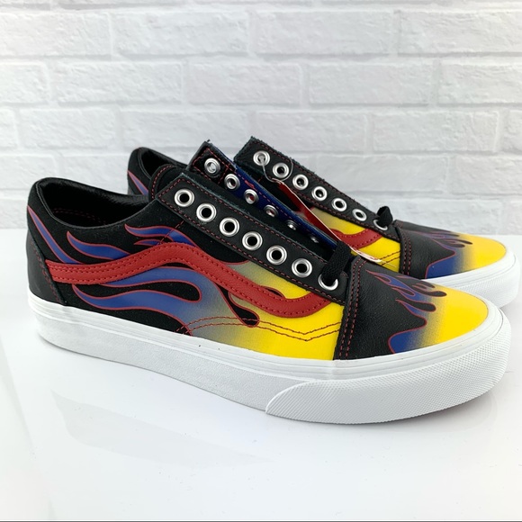 NEW! Vans Old Skool Racer Blk/Red Blue Flame Leather Shoes - Picture 3 of 16